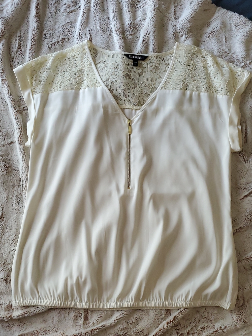 Express Cream Lace Yoke Zip-Front Blouse